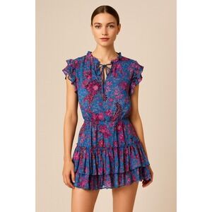 MISA Los Angeles Floral Print Ruffle Tiered Mini Dress XS/S Blue Pink